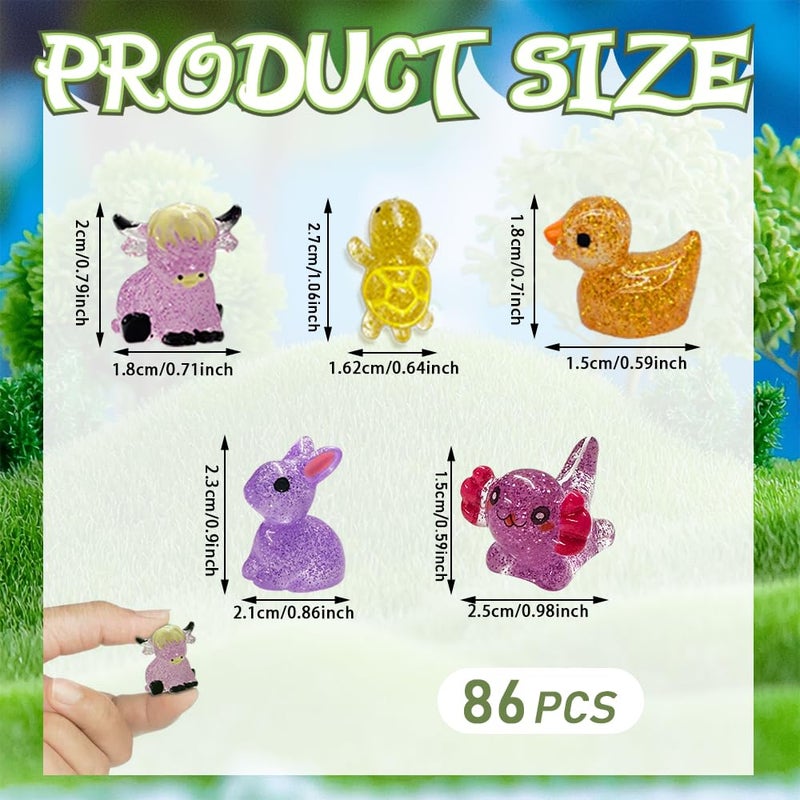 AWEELON 86pcs Mini Resin Animal Figurines,Including Glitter Glowing Duck Bunny Turtle Highland Cow, Glitter Axolotl, Aquarium Dollhouse Decor - Image 2