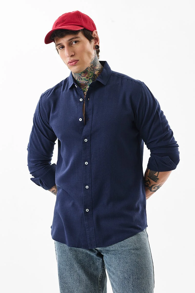 SNITCH Navy Solid Long Sleeve Slim Fit Shirt