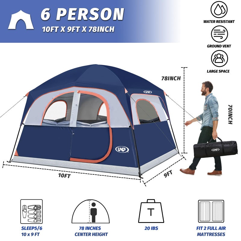 UNP Tents 6 Person Waterproof Windproof Easy Setup,Double Layer Family Camping Tent with 1 Mesh Door & 5 Large Mesh Windows -10'X9'X78in(H) (Navy Blue) - Image 2