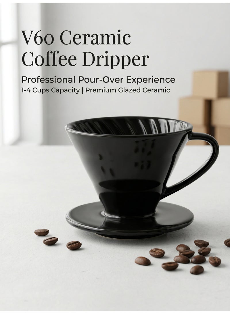 نيهاو كوب فلتر قهوة سيراميك V60 (يكفي من 1 إلى 4 حصص) | قمع تقطير قهوة أسود بتصميم مدمج | قمع قهوة سهل التنظيف وقابل لإعادة الاستخدام للاستخدام المنزلي والخارجي - Image 1