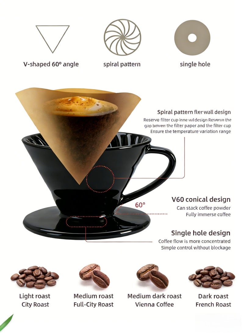 نيهاو كوب فلتر قهوة سيراميك V60 (يكفي من 1 إلى 4 حصص) | قمع تقطير قهوة أسود بتصميم مدمج | قمع قهوة سهل التنظيف وقابل لإعادة الاستخدام للاستخدام المنزلي والخارجي - Image 5