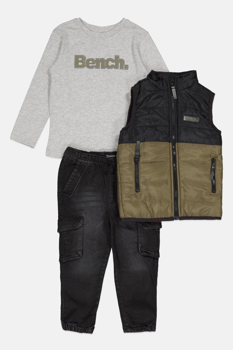 Bench Toddlers Boy 3 Piece Brand Logo Puffer Vest Set, Olive Combo  - Image 3