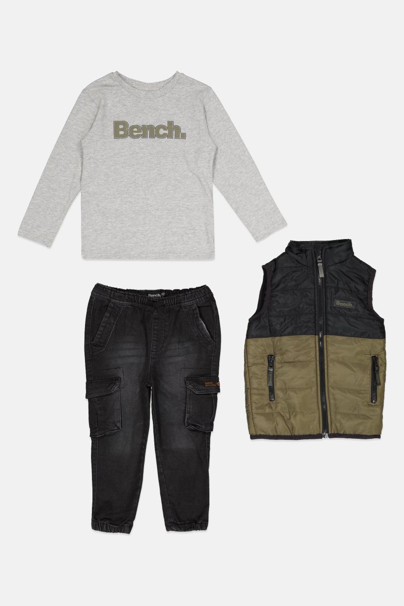 Bench Toddlers Boy 3 Piece Brand Logo Puffer Vest Set, Olive Combo  - Image 1