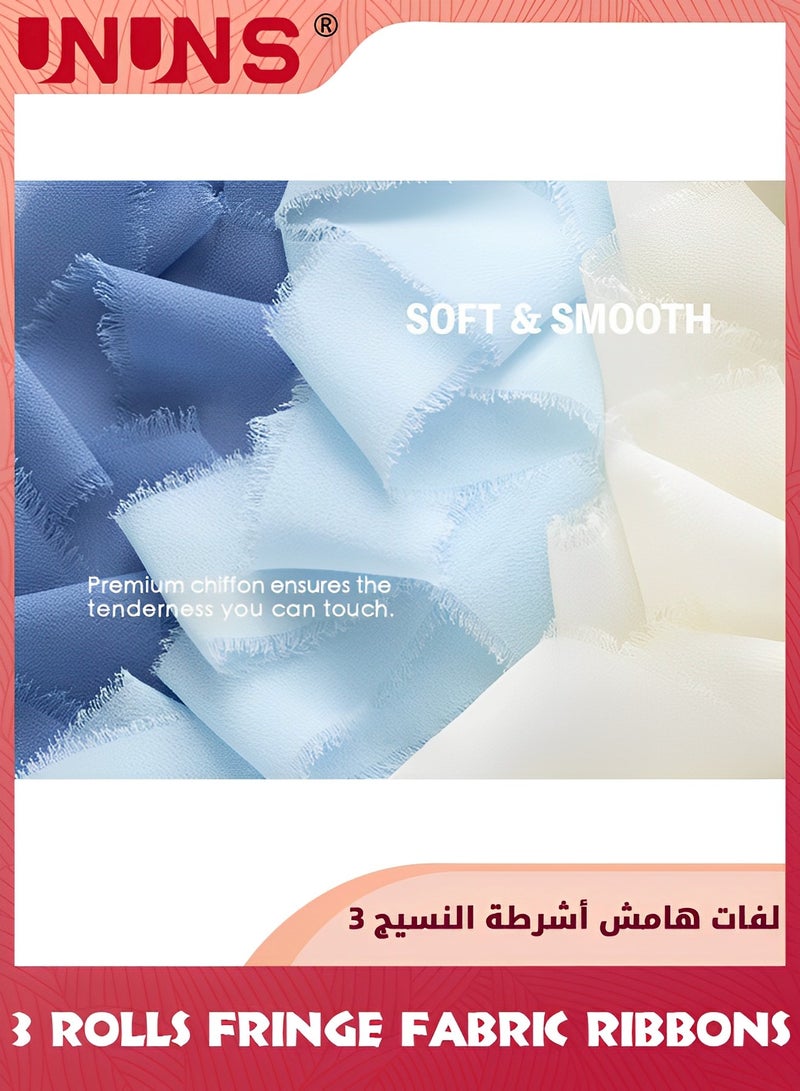 UNUNS 3 Rolls Chiffon Silk Ribbon,3.8cm X 5.5 Yard(5m) Handmade Fringe Chiffon Ribbon Set,Frayed Edge Ribbon For Wedding Invitations,Gift Wrapping,Bridal Bouquet Wrap,Decorating,DIY Craft-Cream Blue - Image 4