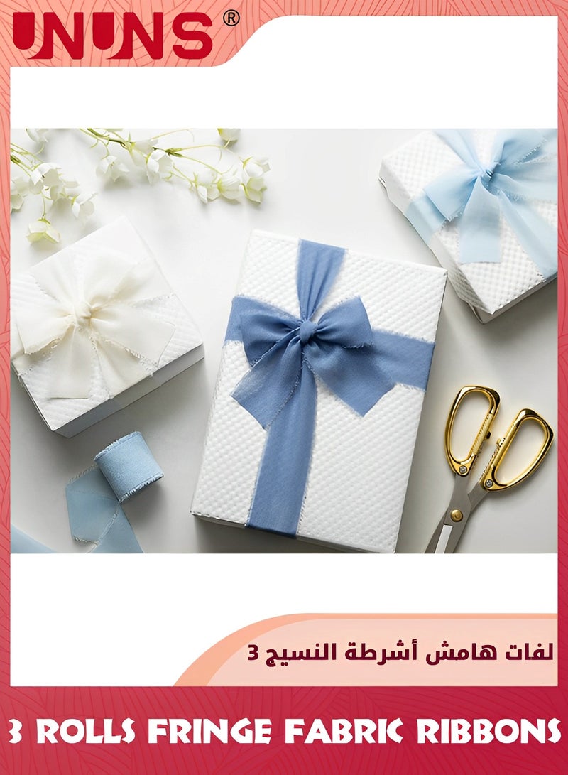 UNUNS 3 Rolls Chiffon Silk Ribbon,3.8cm X 5.5 Yard(5m) Handmade Fringe Chiffon Ribbon Set,Frayed Edge Ribbon For Wedding Invitations,Gift Wrapping,Bridal Bouquet Wrap,Decorating,DIY Craft-Cream Blue - Image 3
