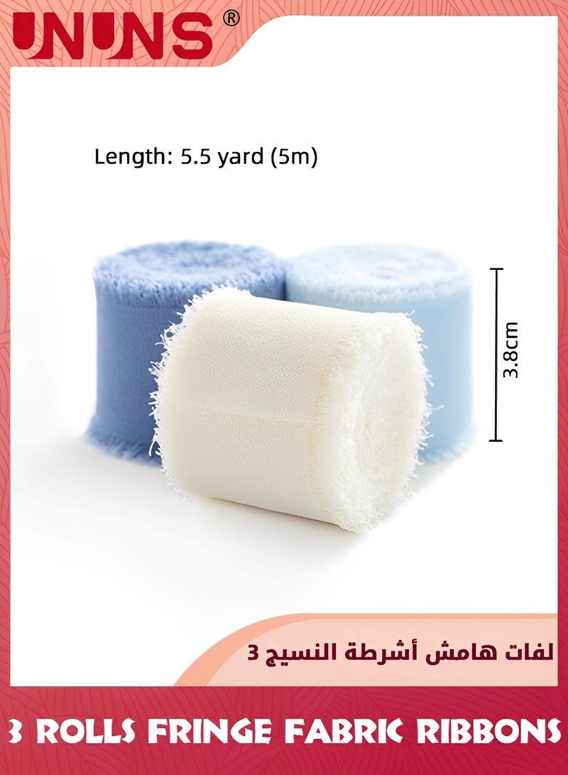 UNUNS 3 Rolls Chiffon Silk Ribbon,3.8cm X 5.5 Yard(5m) Handmade Fringe Chiffon Ribbon Set,Frayed Edge Ribbon For Wedding Invitations,Gift Wrapping,Bridal Bouquet Wrap,Decorating,DIY Craft-Cream Blue - Image 2