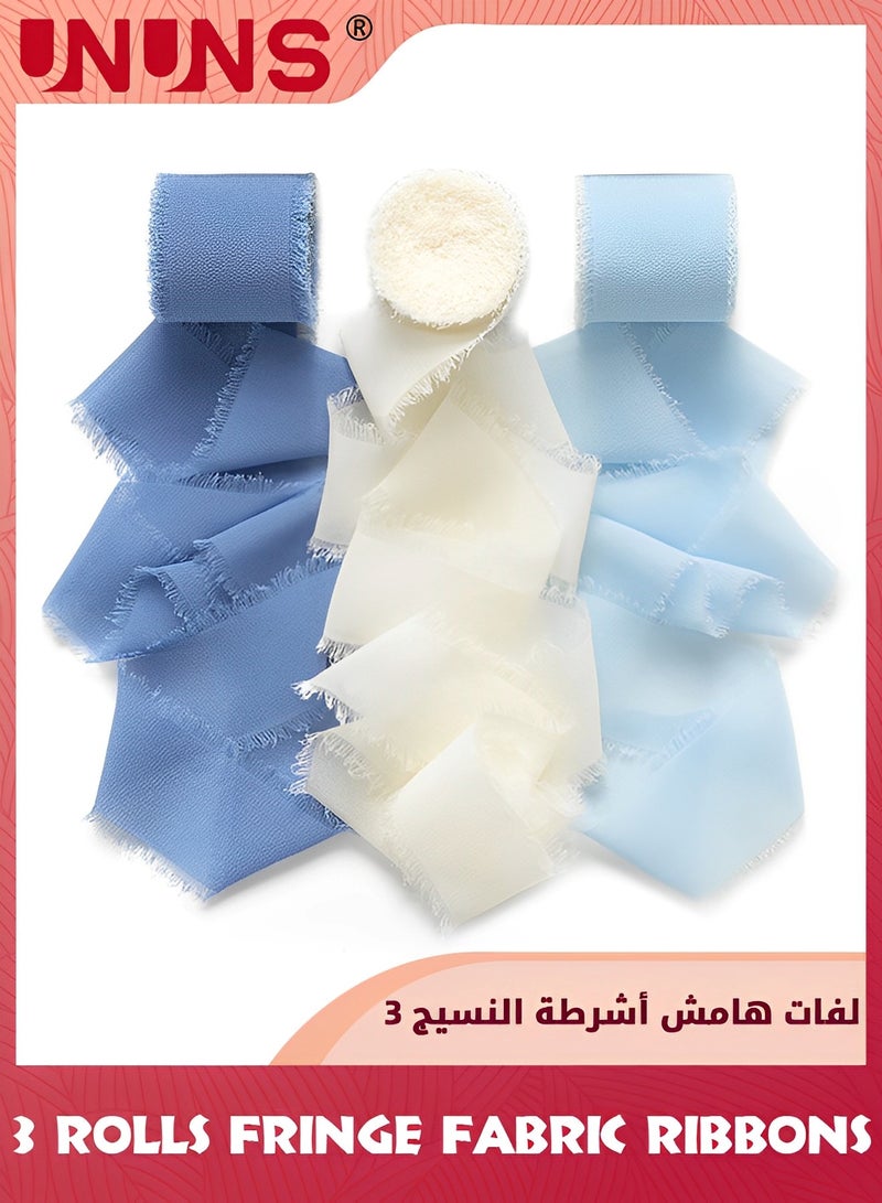 UNUNS 3 Rolls Chiffon Silk Ribbon,3.8cm X 5.5 Yard(5m) Handmade Fringe Chiffon Ribbon Set,Frayed Edge Ribbon For Wedding Invitations,Gift Wrapping,Bridal Bouquet Wrap,Decorating,DIY Craft-Cream Blue - Image 1