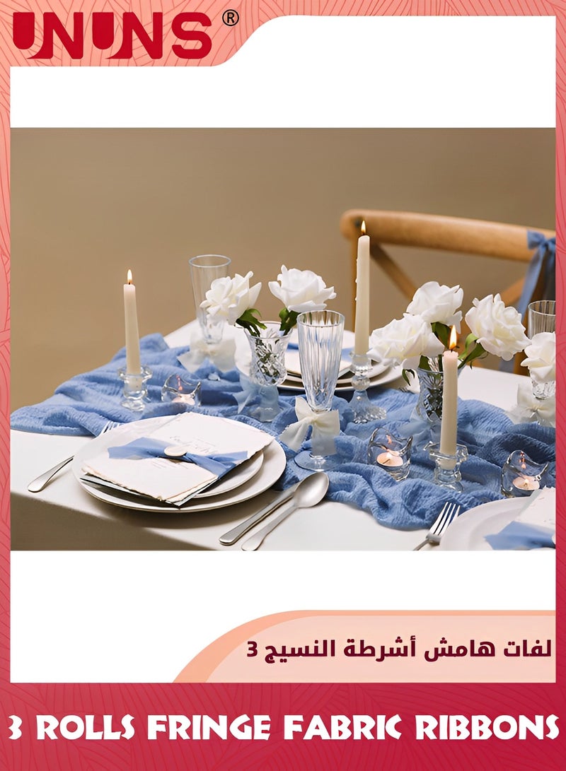 UNUNS 3 Rolls Chiffon Silk Ribbon,3.8cm X 5.5 Yard(5m) Handmade Fringe Chiffon Ribbon Set,Frayed Edge Ribbon For Wedding Invitations,Gift Wrapping,Bridal Bouquet Wrap,Decorating,DIY Craft-Cream Blue - Image 5