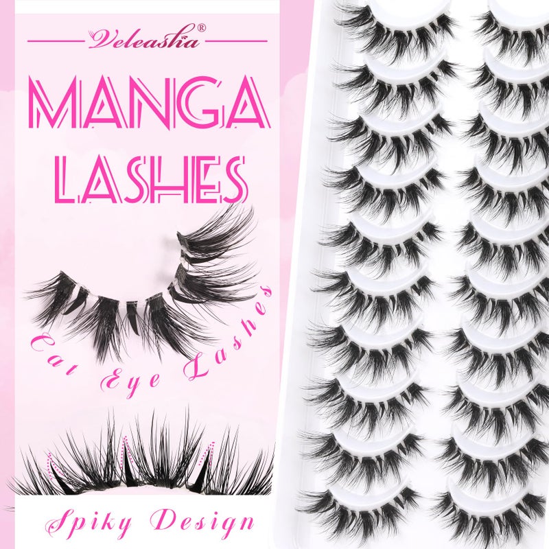 Veleasha Manga Bunny Lashes Cat Eye Lashes with Clear Band 7-16MM C Curl Spiky Anime Spiky False Eyelashes 6D Effect 10 Pairs Doll Eye Wispy Eyelashes (Spiky02) - Image 3