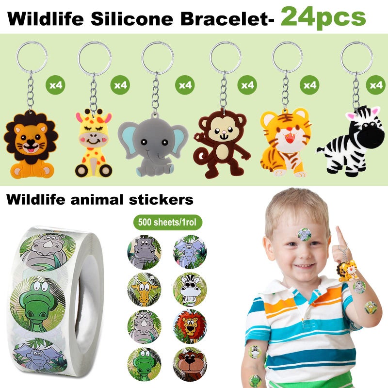 Fumete 121 Pcs Jungle Safari Party Favors Animals Theme Birthday Supplies with Slap Bracelets Keychains Temporary Animal Sticker Roll Bag Tag for Baby Shower Goodie Bag Fillers - Image 3