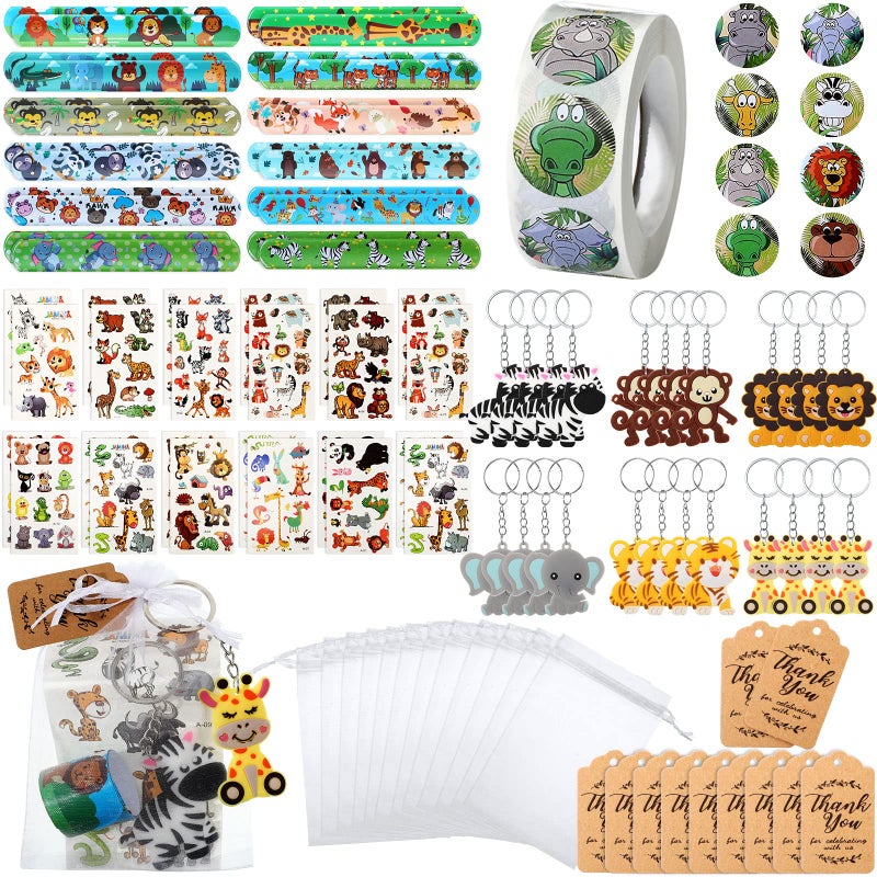 Fumete 121 Pcs Jungle Safari Party Favors Animals Theme Birthday Supplies with Slap Bracelets Keychains Temporary Animal Sticker Roll Bag Tag for Baby Shower Goodie Bag Fillers - Image 1