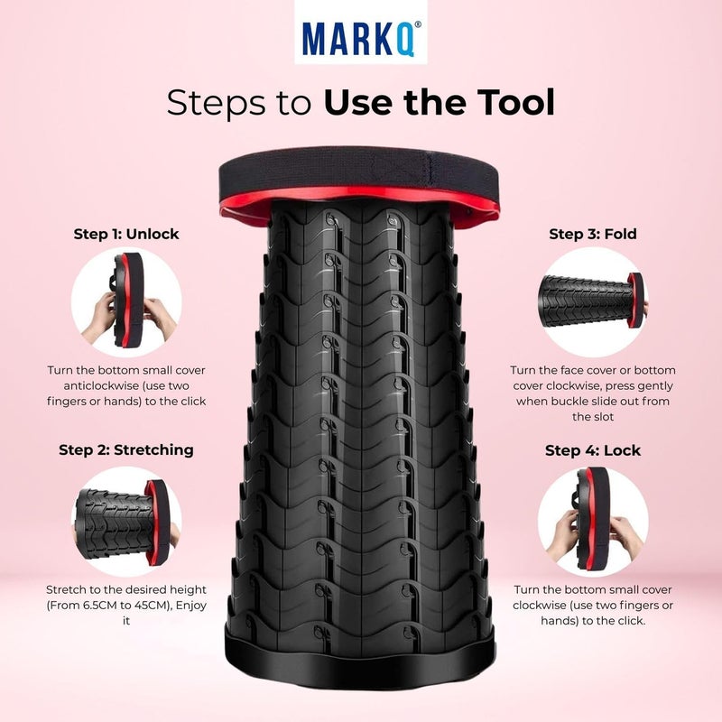 MARKQ Portable Folding Stool for Camping Outdoor, Telescopic Chair for Hiking, Fishing, Travel, Adjustable Height, Lightweight, Non-Slip Base - Assorted Colors (Blue, Black, Red) - Image 3