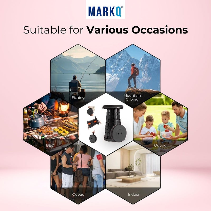 MARKQ Portable Folding Stool for Camping Outdoor, Telescopic Chair for Hiking, Fishing, Travel, Adjustable Height, Lightweight, Non-Slip Base - Assorted Colors (Blue, Black, Red) - Image 4