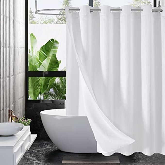 NO HOOKS NEEDED WHITE WAFFLE SHOWER CURTAIN SET WITH SNAPIN LINER MODERN WAFFLE WEAVE FABRIC SHOWER CURTAINS FOR LUXURY HOTEL GRADE SPALIKE BATHROOM DECOR 72 X 74