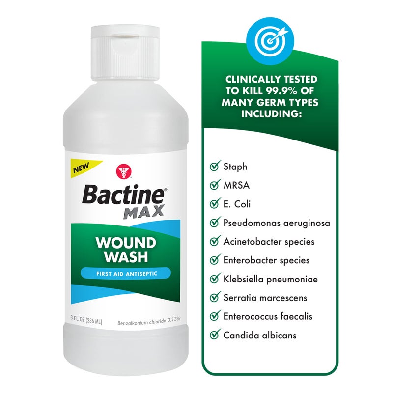 Bactine MAX بكتين ماكس مطهر جروح للإسعافات الأولية، يقتل 99.9% من الجراثيم من الجروح الصغيرة والخدوش والحروق بدون لذع، 8 أونصة سائلة - Image 2