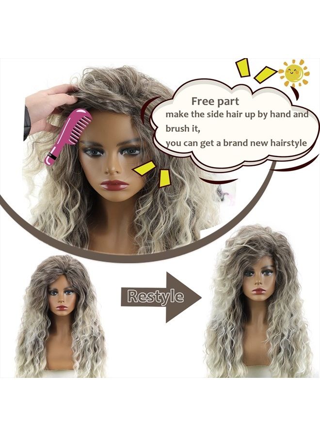 Fencca Long Curly Wavy Wig Ash Blonde Wigs for Women Mixed Blonde Curly Wig Loose Wave Hair Glueless Heat Resistant Synthetic Wig Brown to Blonde Wigs for Daily Party Use - Image 5