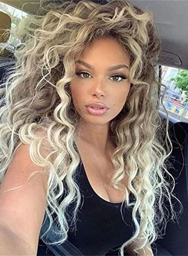 Fencca Long Curly Wavy Wig Ash Blonde Wigs for Women Mixed Blonde Curly Wig Loose Wave Hair Glueless Heat Resistant Synthetic Wig Brown to Blonde Wigs for Daily Party Use - Image 1