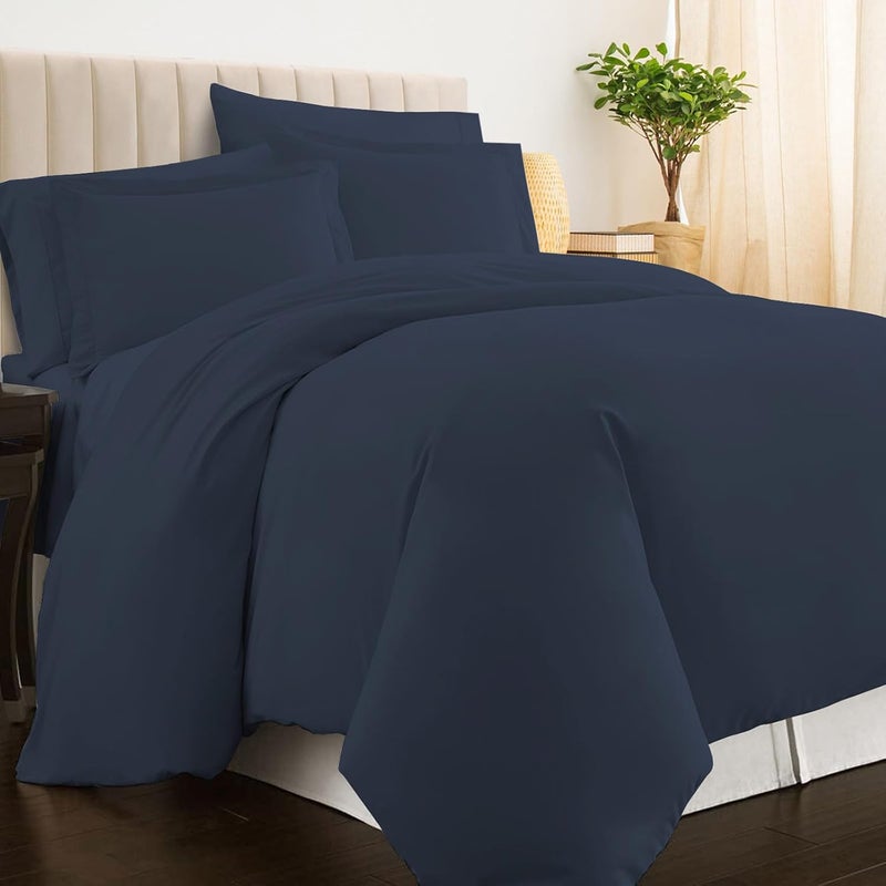 PIZUNA 100% Cotton Duvet Cover Set King Size 260x220 cm Dark Blue, 400 Thread Count Long Staple Cotton Sateen Weave Duvet Cover Set with 2 Pillowcases (Dark Blue Bedding Duvet Cover Sets) - Image 1