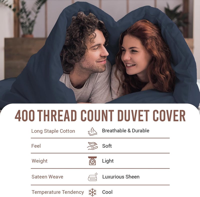 PIZUNA 100% Cotton Duvet Cover Set King Size 260x220 cm Dark Blue, 400 Thread Count Long Staple Cotton Sateen Weave Duvet Cover Set with 2 Pillowcases (Dark Blue Bedding Duvet Cover Sets) - Image 4