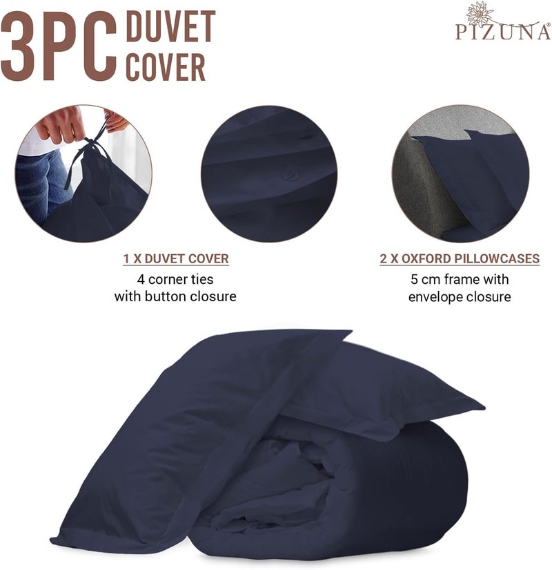 PIZUNA 100% Cotton Duvet Cover Set King Size 260x220 cm Dark Blue, 400 Thread Count Long Staple Cotton Sateen Weave Duvet Cover Set with 2 Pillowcases (Dark Blue Bedding Duvet Cover Sets) - Image 3