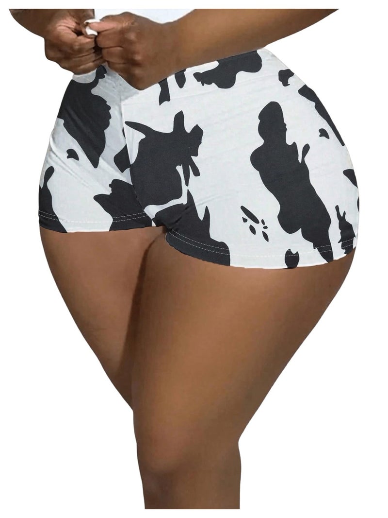 WDIRARA Women's Cow Print Elastic High Waist Shorts Stretch Skinny Shorts Black and White Medium - Image 1