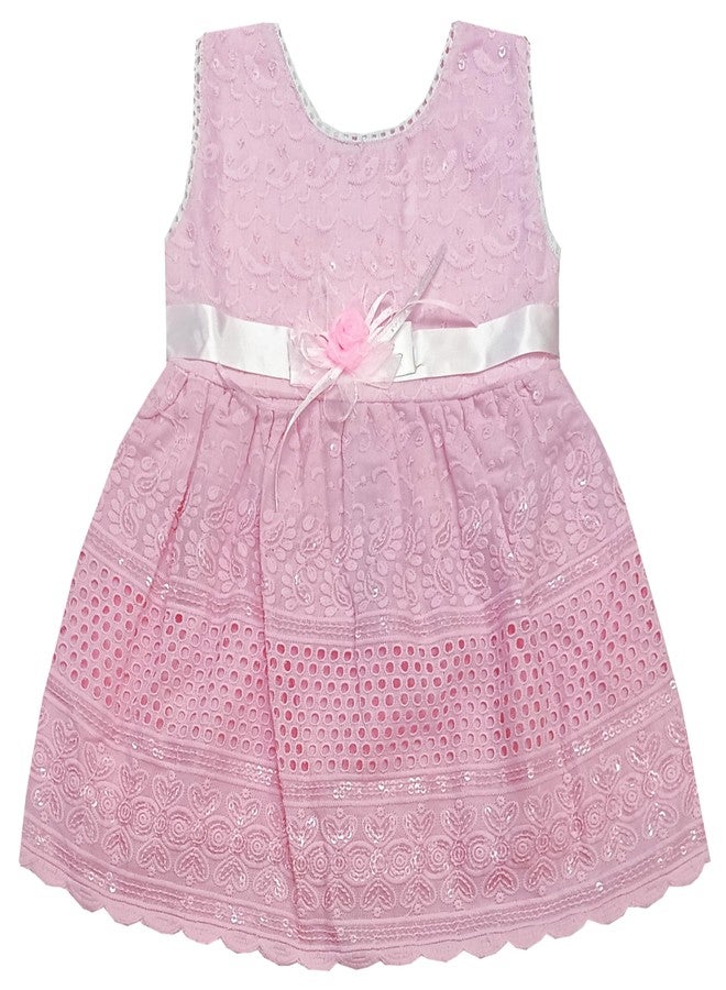 SELVEL Baby Girl’s Cotton Dress | Girls Knee-Length Fit & Flare Embroidered Casual Dress (FRK-CKN-855) (12-18 Months, Pink) - Image 1