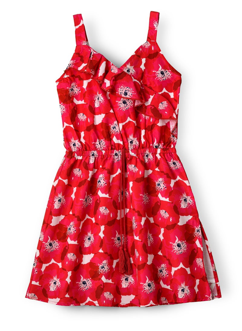 Jelliene Girls Red Floral Sleeveless Ruffle Dress  - Image 1