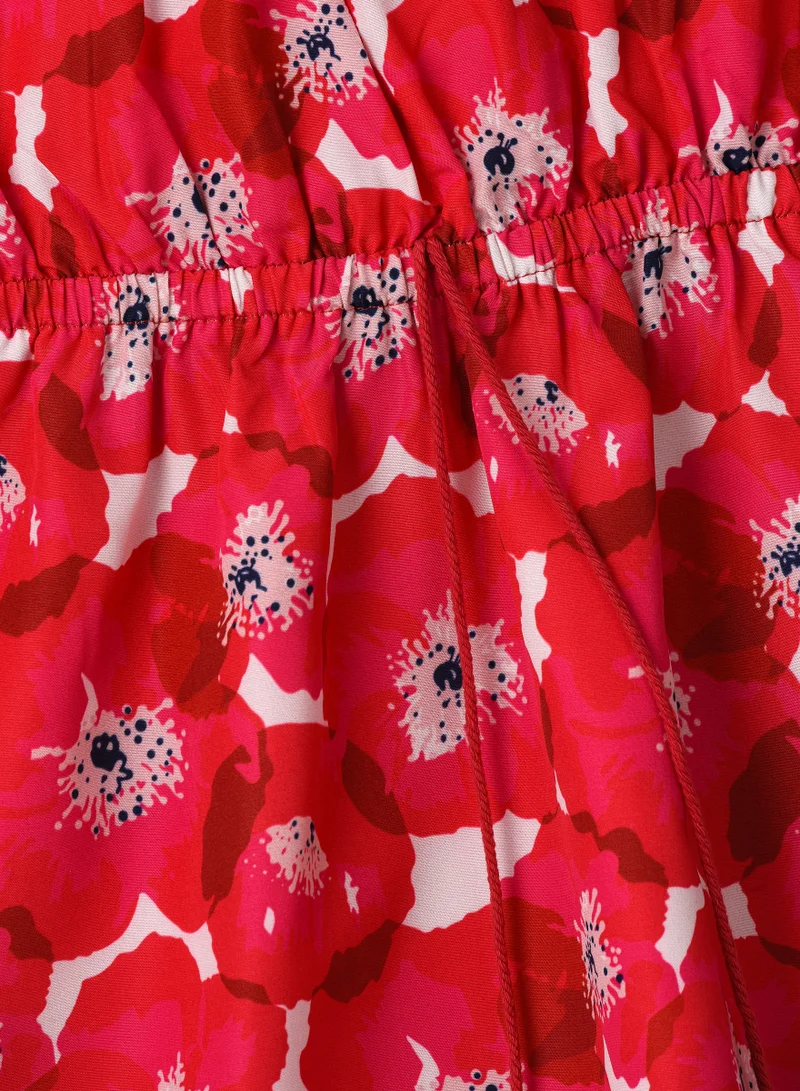 Jelliene Girls Red Floral Sleeveless Ruffle Dress