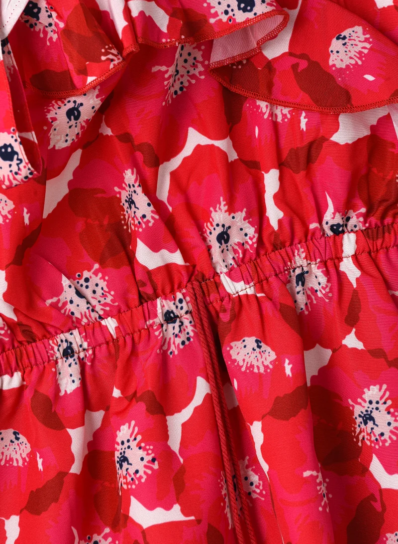Jelliene Girls Red Floral Sleeveless Ruffle Dress