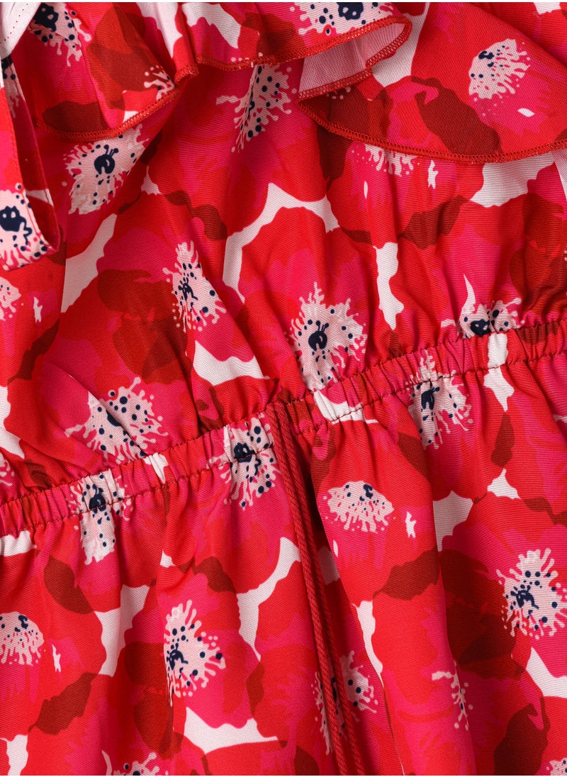 Jelliene Girls Red Floral Sleeveless Ruffle Dress  - Image 4