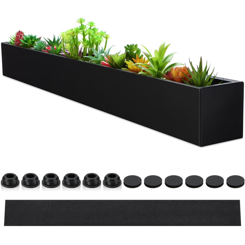 FillTouch 1 Pcs Long Rectangular Planter Box Window Sill Plant Box Metal Water Trough Indoor Large Modern Steel with Drainage Holes Herb Garden Home (32 x 3.5 x 3.5 Inch,Black) - Image 1