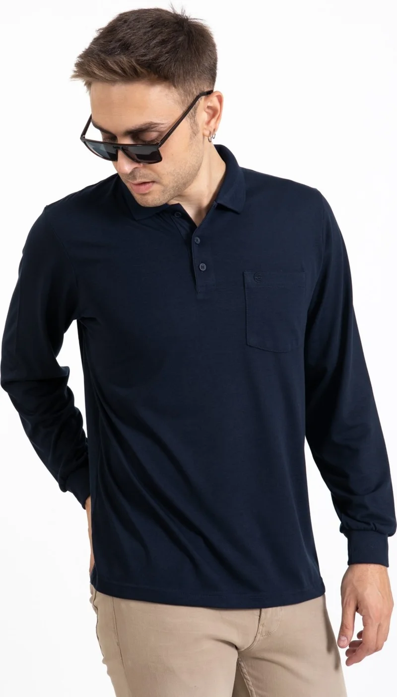 موتلو سيتي Men's Middle Age and Above Polo Collar Pocket Long Sleeve Seasonal Sweatshirt 1103-Navy Blue