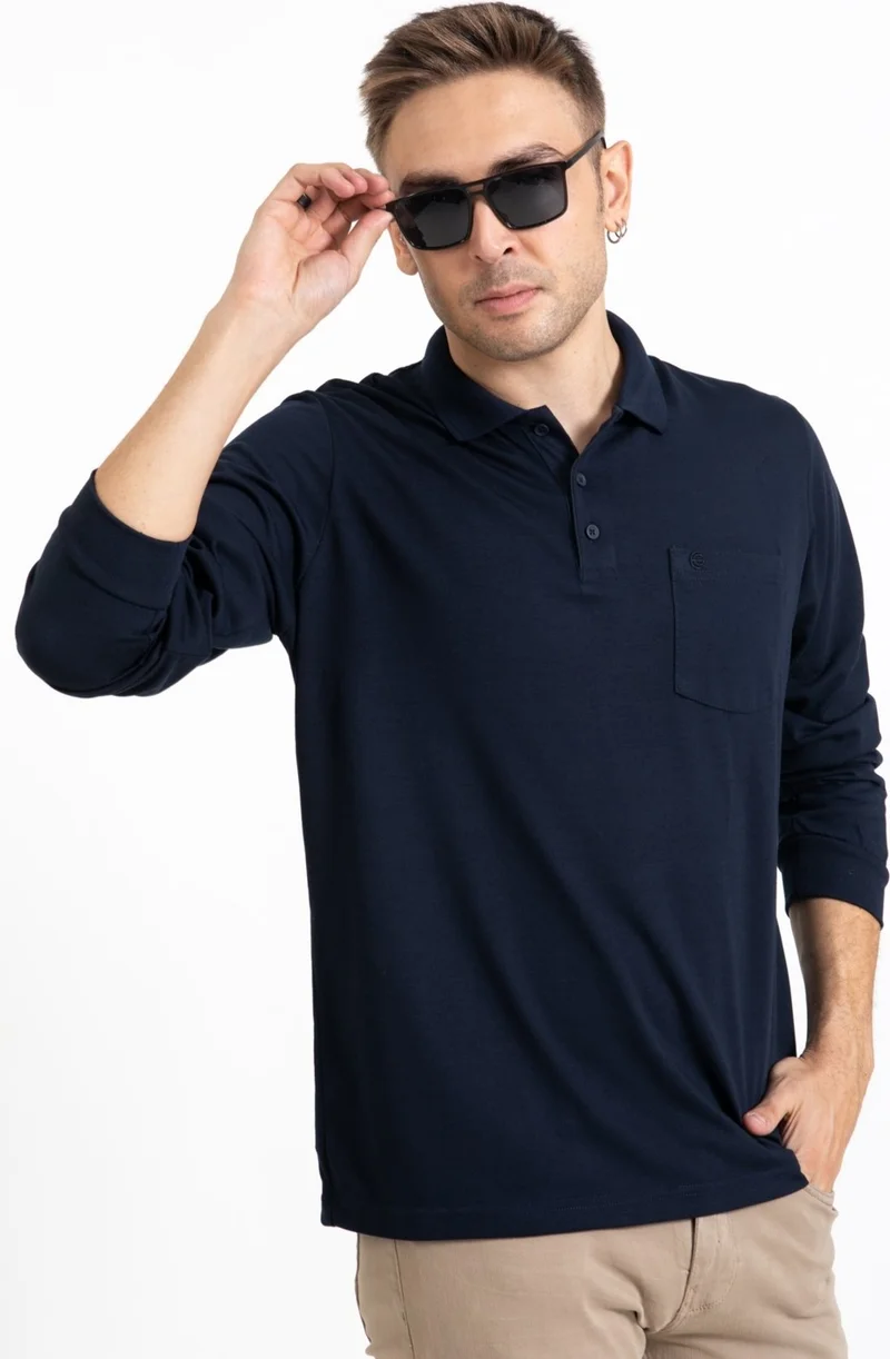 موتلو سيتي Men's Middle Age and Above Polo Collar Pocket Long Sleeve Seasonal Sweatshirt 1103-Navy Blue