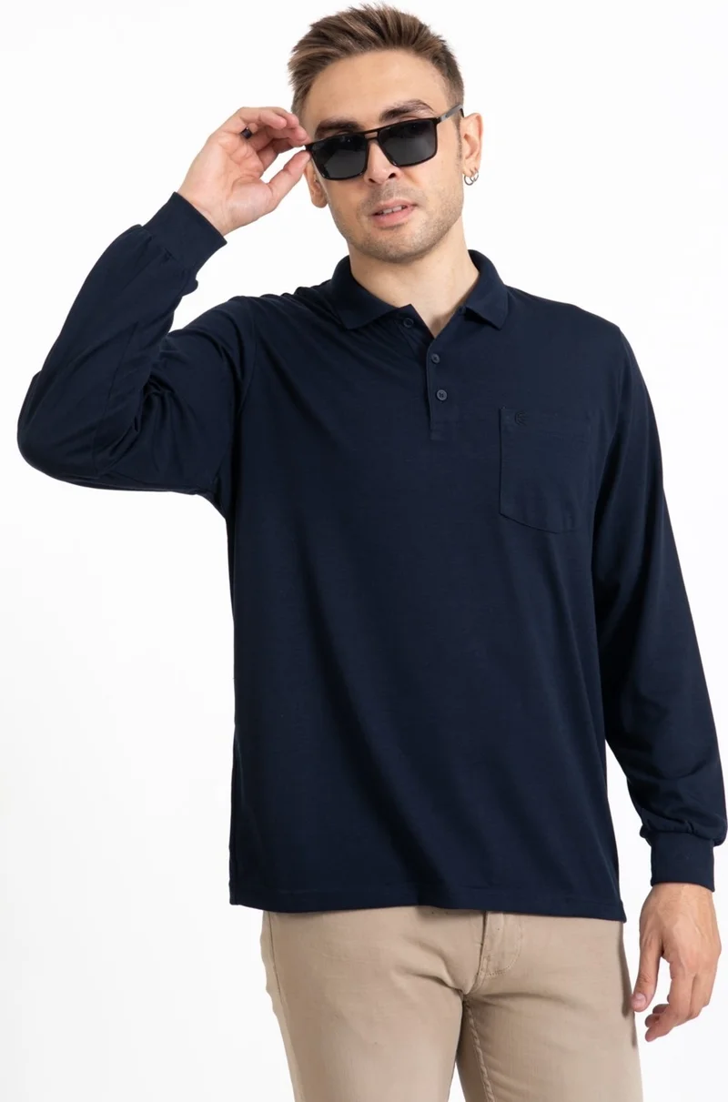 موتلو سيتي Men's Middle Age and Above Polo Collar Pocket Long Sleeve Seasonal Sweatshirt 1103-Navy Blue
