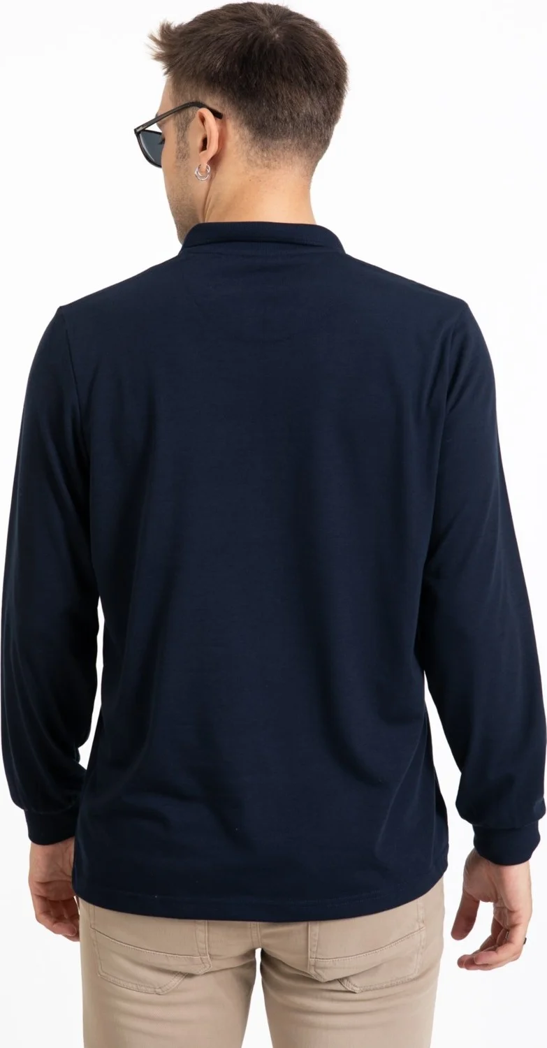 موتلو سيتي Men's Middle Age and Above Polo Collar Pocket Long Sleeve Seasonal Sweatshirt 1103-Navy Blue