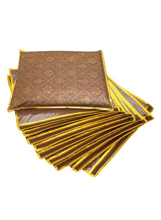 LAXIS HOMFIL Brand Non-Woven Single Saree Bags Transparent Saree Covers with Zip, Saree Covers for Storage, Wardrobe Organizer Saree Bags Size-36x42x2 CM (Golden Brown, Pack of 10) - Image 1