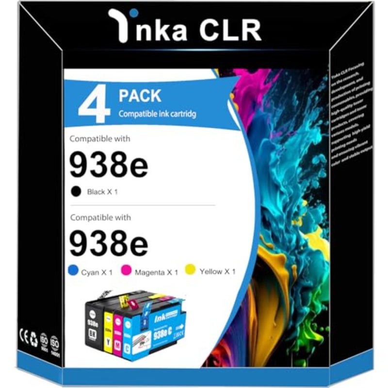 938 938e 938XL مع خراطيش رقاقة متوافقة مع HP 938E 938 XL متوافقة مع خراطيش طابعة HP OfficeJet 9110b 9130b 9120b 9117b 9720 9730 (أسود سماوي أرجواني أصفر 4 عبوات) - Image 1