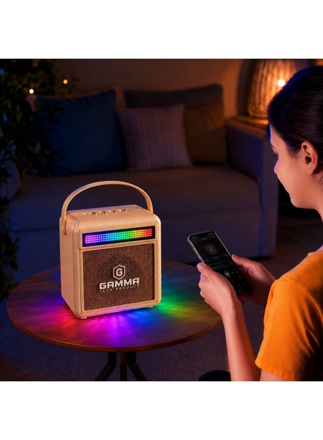 Gamma GT-715 Portable Wireless Speaker – Powerful Stereo Sound with 20W Speakers, Dynamic RGB Lighting Effects, Bluetooth Wireless Audio Streaming, USB, TF Card & AUX Playback Support, Built-in 2400mAh Rechargeable, Durable ABS Construction, Convenient Carry Handle, Ideal for Home, Travel, Outdoor Parties & Everyday Entertainment – Beige - Image 3