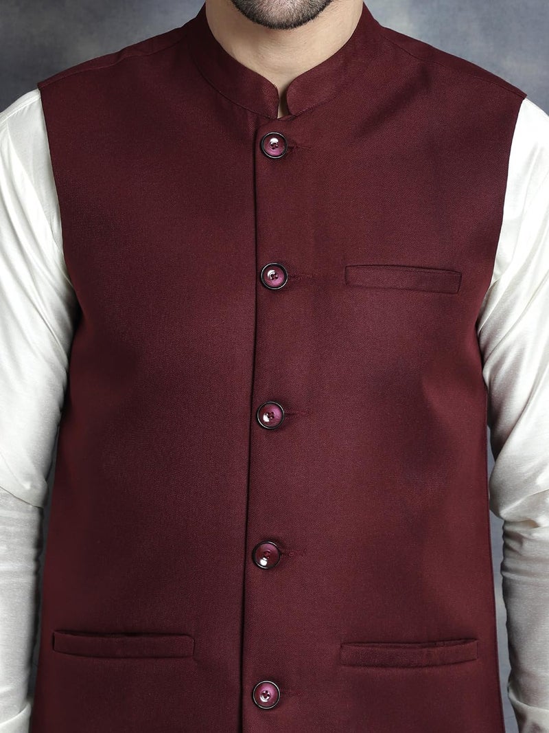 Jompers Men's Solid Nehru Jacket with White Kurta & Churidar - Image 5