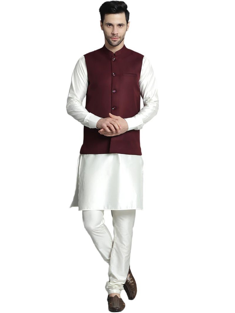 Jompers Men's Solid Nehru Jacket with White Kurta & Churidar - Image 1