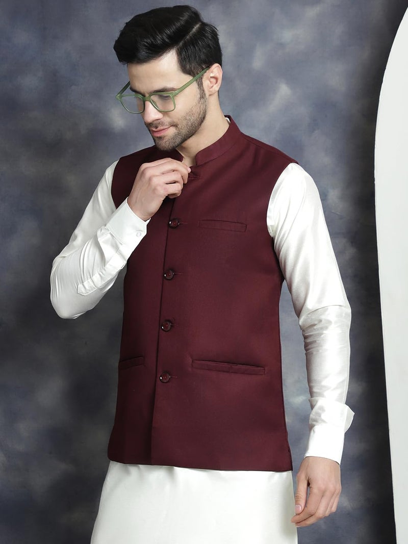 Jompers Men's Solid Nehru Jacket with White Kurta & Churidar - Image 4