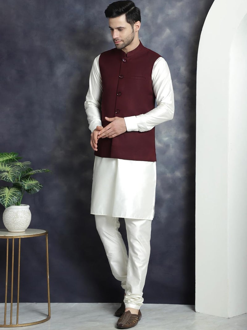 Jompers Men's Solid Nehru Jacket with White Kurta & Churidar - Image 3