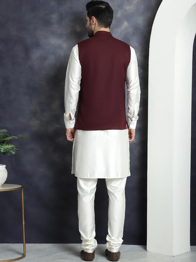 Jompers Men's Solid Nehru Jacket with White Kurta & Churidar - Image 2