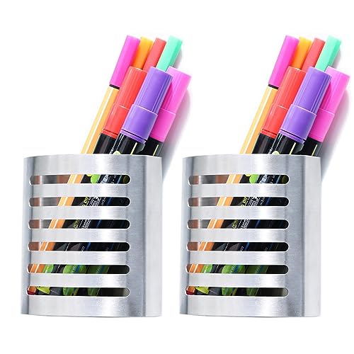 Sanpaint 2 Pack Magnetic Modern Pen and Pencil Holder, Metal Writing Utensil Storage Organizer for Kitchen, Locker, Home, or Office, 3.25" x 1.75" x 3.50", Brushed Stainless Steel - Image 1