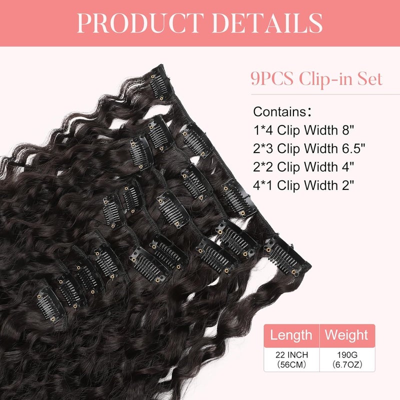 Flufymooz 9PCS Clip in Hair Extensions 22 Inch Curly Hair Extension Long Soft Synthetic Hairpieces for Women (Black Brown) - Image 3