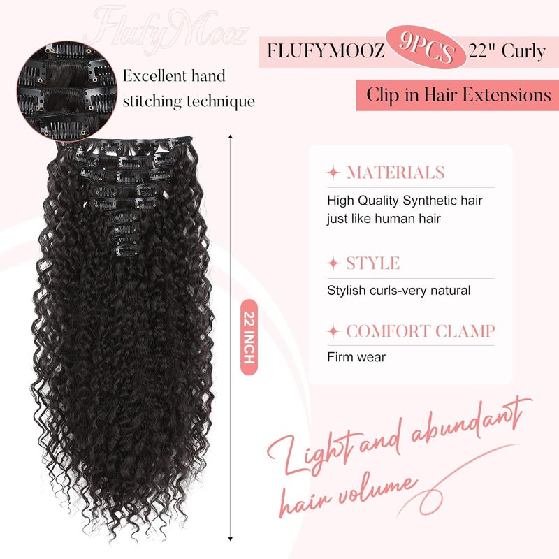 Flufymooz 9PCS Clip in Hair Extensions 22 Inch Curly Hair Extension Long Soft Synthetic Hairpieces for Women (Black Brown) - Image 2