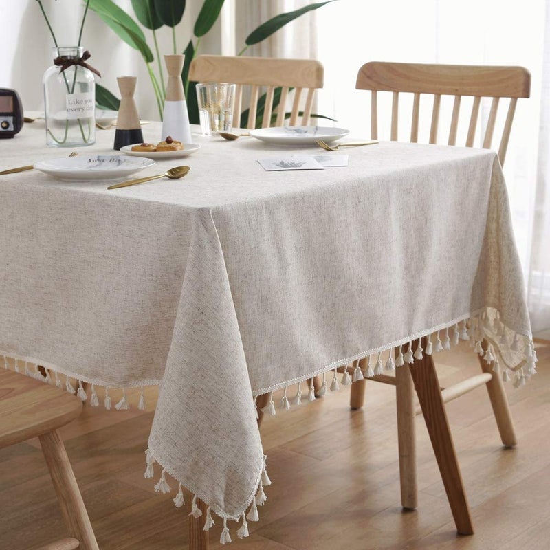 Dremisland Cotton Linen TableCloth Solid Color Tassel Rectangle Beige Tablecloth DustProof ShrinkProof Table Cover for Kitchen Dinning Thanksgiving Christmas Tabletop Decoration Beige 140x220 cm