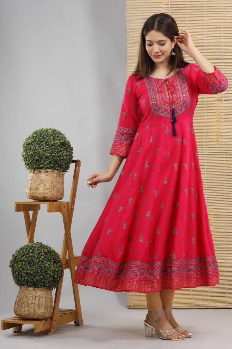 rytras Women's Rayon Printed Anarkali Kurta(RYT256,S) Pink - Image 3