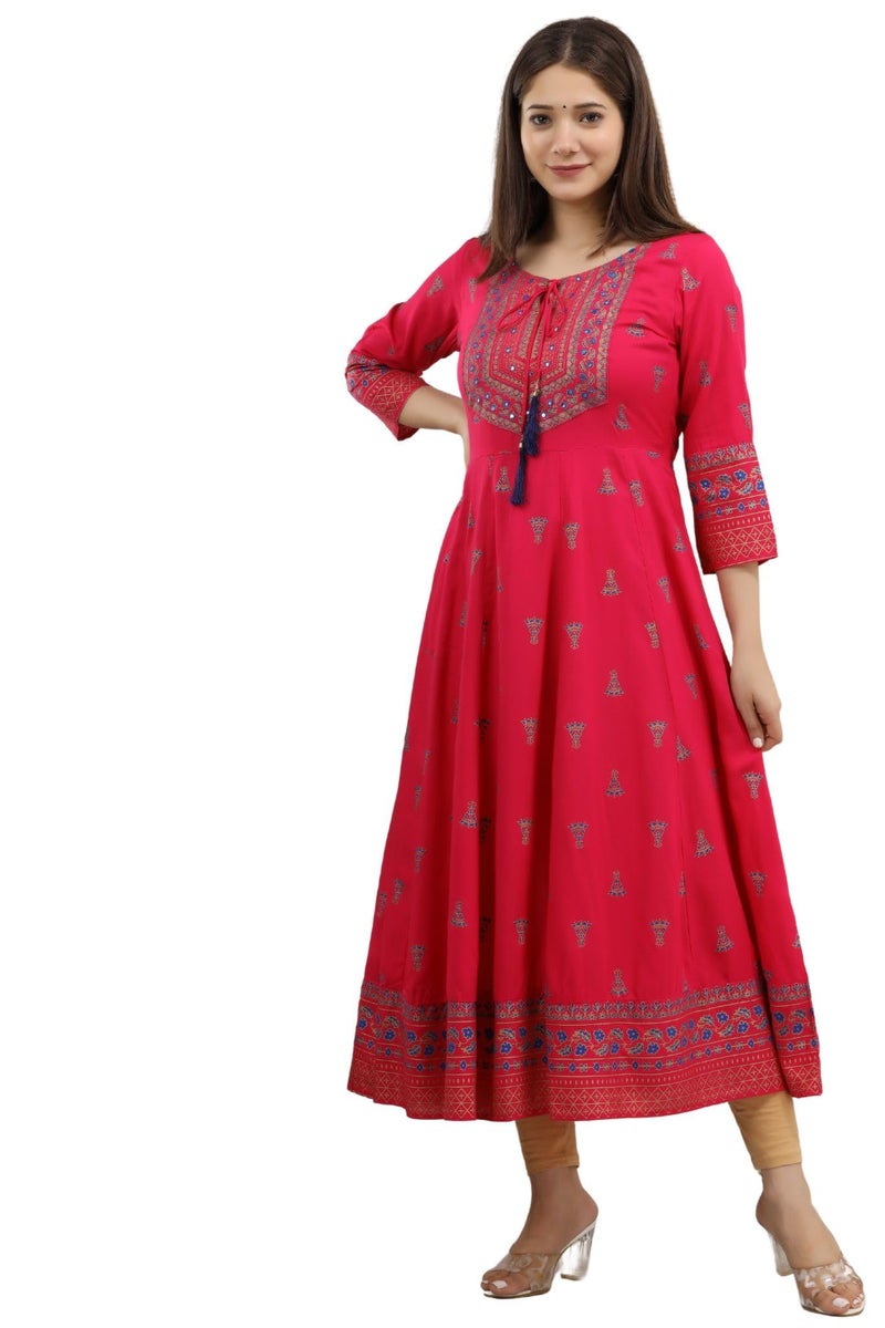 rytras Women's Rayon Printed Anarkali Kurta(RYT256,S) Pink - Image 1