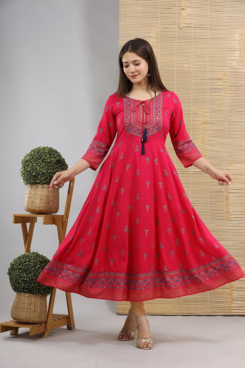 rytras Women's Rayon Printed Anarkali Kurta(RYT256,S) Pink - Image 4